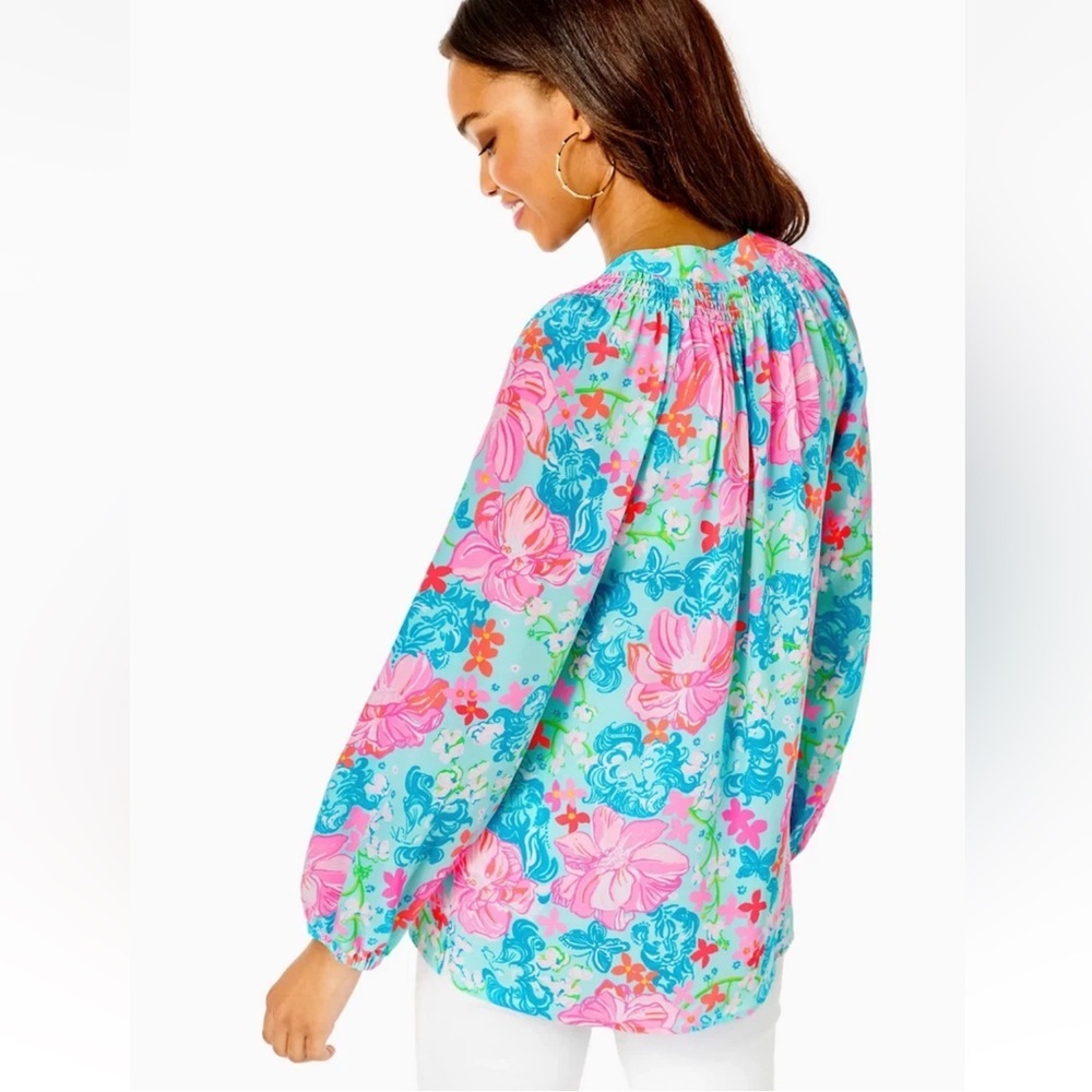 Lilly Pulitzer Elsa 100% Silk Top Blouse in Luscious Lions Surf Blue sz M - Picture 12 of 15